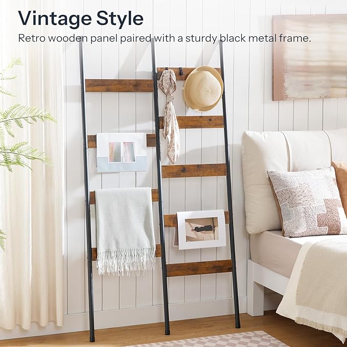 HOOBRO Blanket Ladder, Towel Rack with Hooks, Wall-Leaning Blanket Rack, Decorative Display Ladder Shelf, BF52CJ01-BF17CJ01