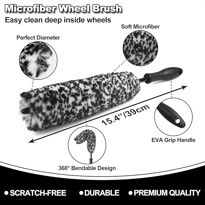 9Pcs Car Wheel & Tire Brush Kit, Wheel Cleaner Brush, Soft-bristled Rim Brush, Car Drying Towel (36"x 24"), Tire Shine Applic