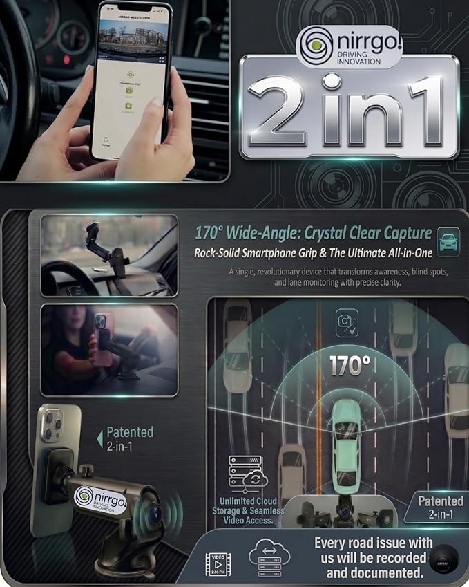 NIRRGO 2-in-1 Dash Cam & Car Phone Holder Mount Bonus-2 Mounting Options Included 1080P HD Loop Recording Dashcam smart App Control, Night Vision G-Sensor Clutter,Easy Setup 32GB SD Card Included