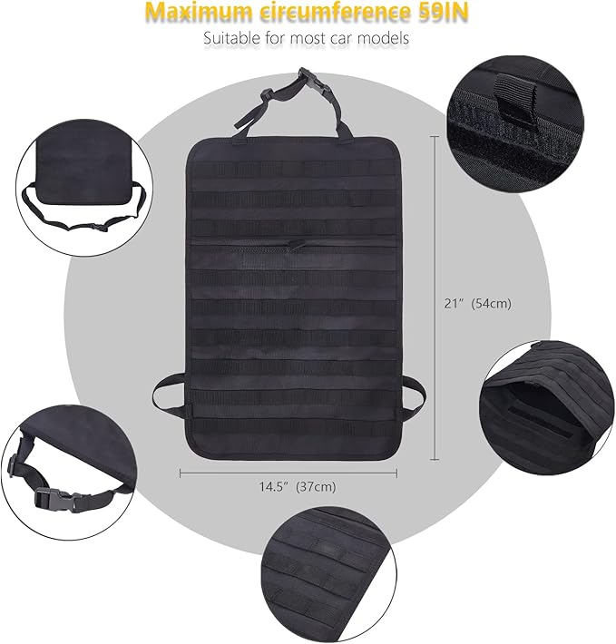 Universal Tactical Car Seat Back Organizer Bag Tactical Molle Vehicle Organizers Panel Vehicle Protector Organizers with 4 Detachable Pouches for Car Truck Ford Jeep Vehicle (Black)