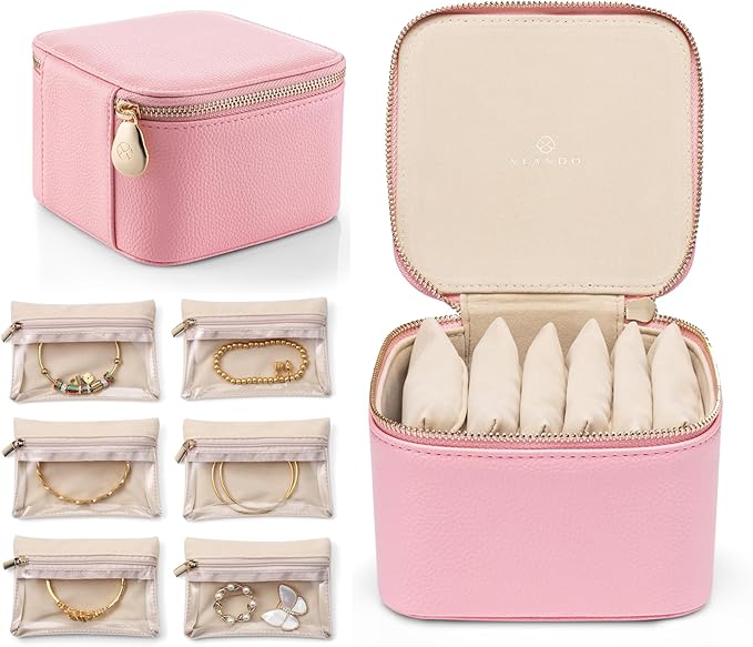 VLANDO Travel Jewelry Box Organizer – Portable PU Leather Jewelry Case with 6/8/12 Zippered Pouches, Compact Storage for Earr