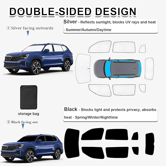 KMF 8pcs Thicken Car Sun Shades for Volkswagen VW Atlas (NOT Cross Sport) 2018-2025 Accessories, Full Car Window Covers Sunshade for Windshield Side Rear, UV Block and Privacy for Camping Outdoor