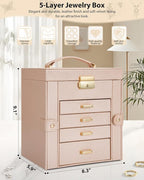 AKOZLIN 5-Tier Jewelry Box Leather Jewelry Storage Organizer with 4 Drawers Lockable for Women Girls Ring Necklace Earring Br