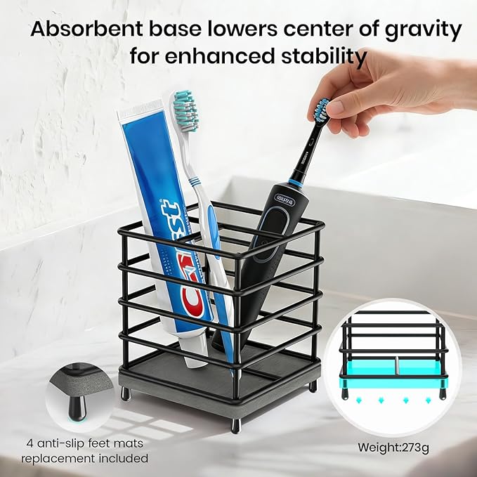 BOTEMY Toothbrush Holders with Quick Drying Mat—Black Toothbrush and Toothpaste Holder for Bathroom—Upgrade 3 Slots Openwork 