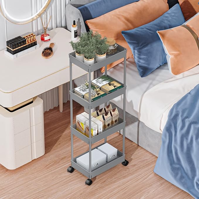 Sooyee 4 Tier Wide Storage Cart Mobile Shelving Unit Organizer Slide Out Storage Rolling Utility Cart Tower Rack for Kitchen 