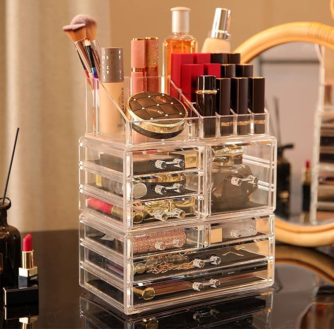 Cq acrylic 3 Pack Clear Makeup Organizer for Vanity,Countertop,Stackable 8 Drawers Cosmetic Storage for Hair Clip,Jewelry,Lip