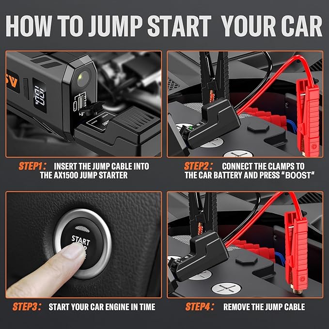 ASPERX Car Jump Starter, 2000A Peak Battery Jump Starter for Up to 7.0L Gas or 5.5L Diesel Engine, 12V Portable Battery