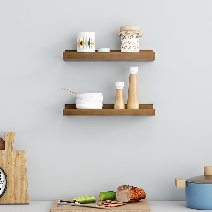 16 Inches Floating Shelves for Wall, Solid Pine Wood Picture Ledge Shelves, Walnut Wall Shelves with Lips, Nursery Book Shelv
