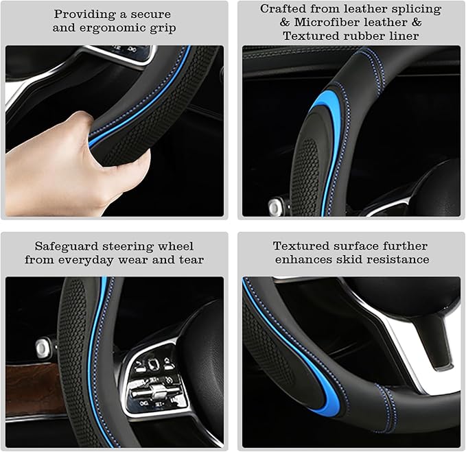 Leather Splicing Black Blue Car Steering Wheel Cover,14.5-15 Inch Universal Microfiber Leather Covers Breathable Anti-Slip Od