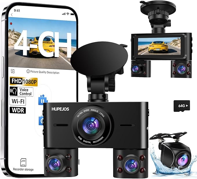 360° Dash Cam Front and Rear Inside, 4 Channel Dash Camera for Cars FHD 1080Px4, Built-in Wi-Fi, 3.16” IPS Screen, WDR Night 
