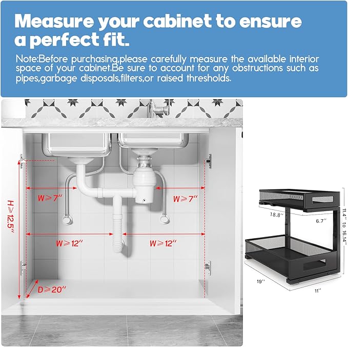 1 Pack 19IN Depth Under Sink Storage Organizer, Large 2-Tier Elegant Mesh Pull Out Shelf for Kitchen and Bathroom Cabinet Org