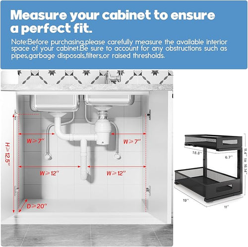 1 Pack 19IN Depth Under Sink Storage Organizer, Large 2-Tier Elegant Mesh Pull Out Shelf for Kitchen and Bathroom Cabinet Org