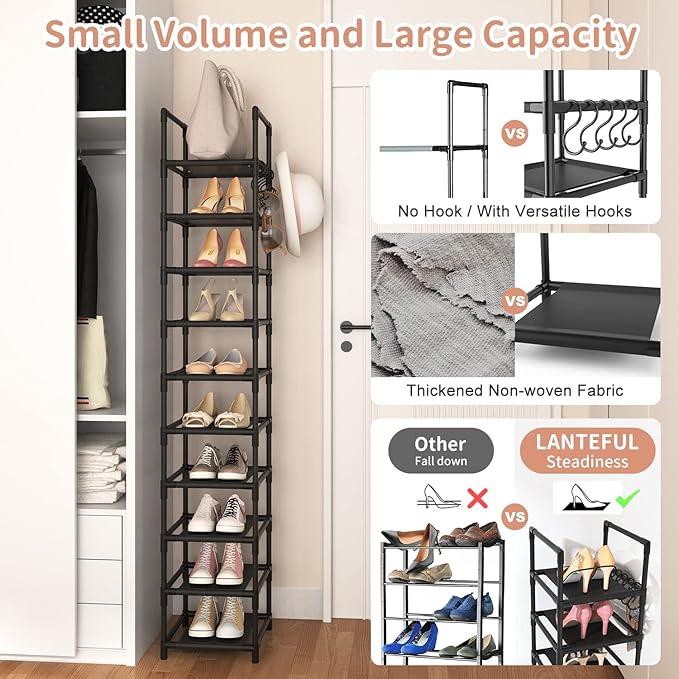 LANTEFUL Tall Narrow Shoe Rack for Entryway, 10-Tier Sturdy Metal Shoe Shelf Storage 10-15 Pairs of Shoes and Boots, Space Sa