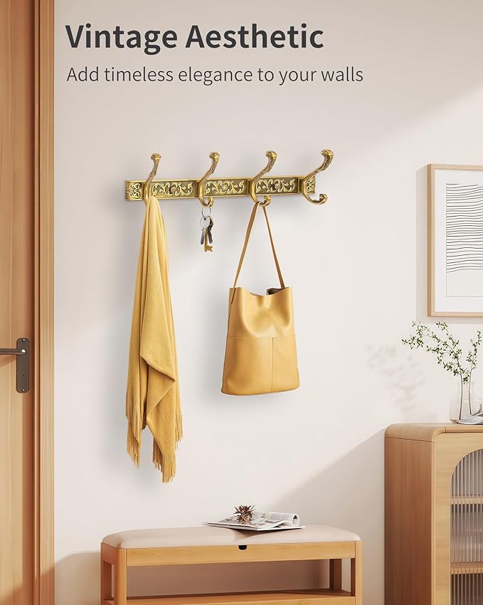Vintage Coat Rack Wall Mount, Decorative Wall Coat Rack with 4 Hooks for Hanging Key Purse Hat Robe Towel Clothes Unique Hang