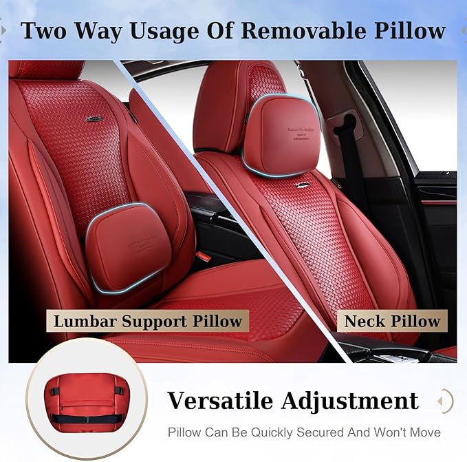 Coverado Seat Covers, Car Seat Covers Front Seats, Waterproof Nappa Leather Auto Seat Cover with Lumbar Head Pillow, Red Seat