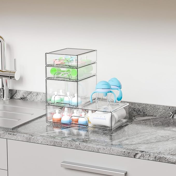 Yieach 4 Pack Clear Stackable Storage Drawers,Pull-Out Medicine Cabinet Organizer and Containers,Large Acrylic Organizers Dra