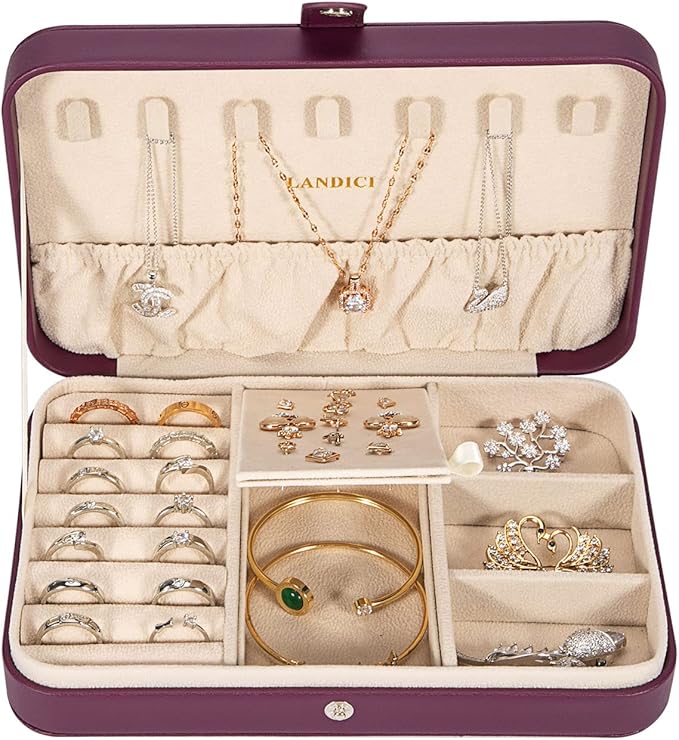 LANDICI Small Jewelry Box for Women Girls, PU Leather Travel Jewelry Case, Portable Jewelry Organizer Storage Holder Display 