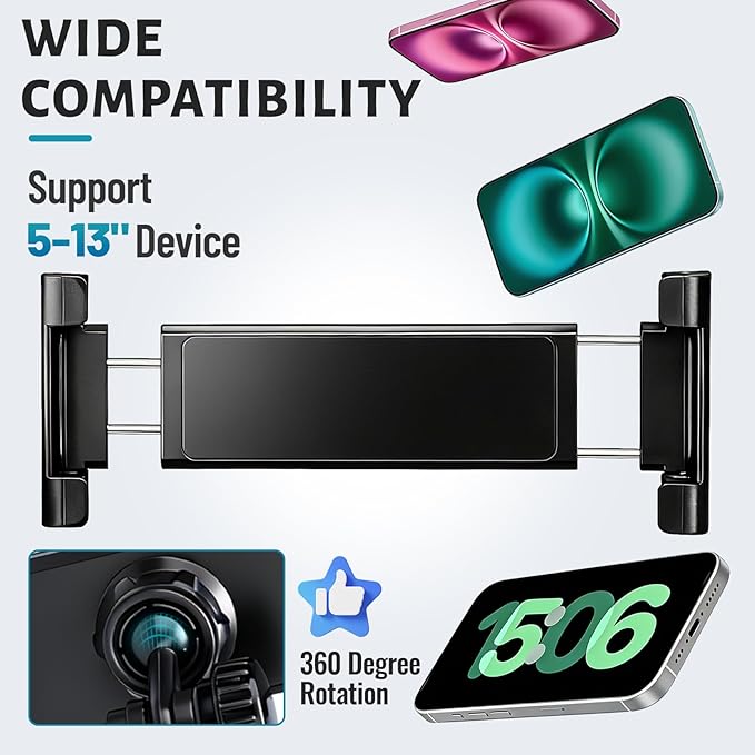 3-in-1 Car Back Seat Organizer Headrest Mount - Adjustable Storage Box with Cup Holder & Tablet Phone Holder for 5-13 Inch Devices, Fits Headrest Posts 0.6in Diameter & 4.2-5.7in Spacing