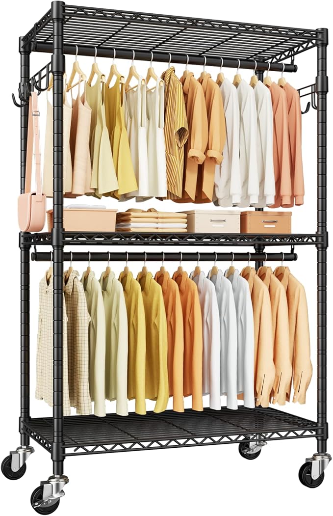ULIFHOME P1 Rolling Clothes Rack, Portable Wardrobe Closet with Wheels, Heavy-Duty Closet Clothing Rack for Hanging Clothes, 