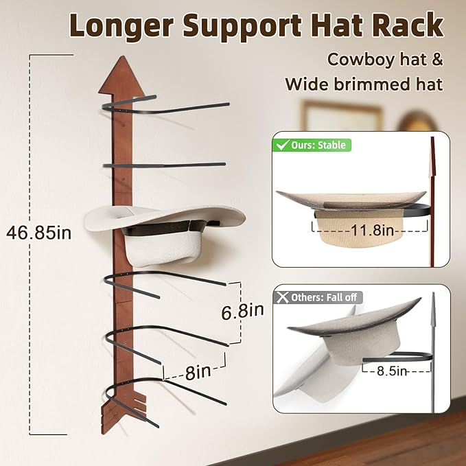 Cowboy Hat Holder for Wall 6 Pieces Arrow Solid Wood with Metal Western Hat Rack Wall Decor Hat Organizer Hanger Storage for 