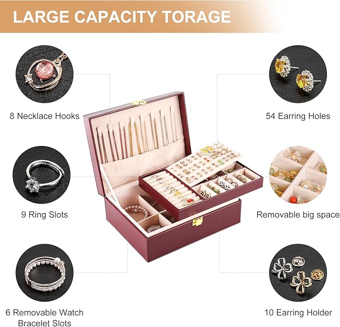 Jewelry Boxes for Women Girls PU Leather Jewelry Organizer Box 2 Layer Large Jewelry Storage Case Removable Tray for Necklace