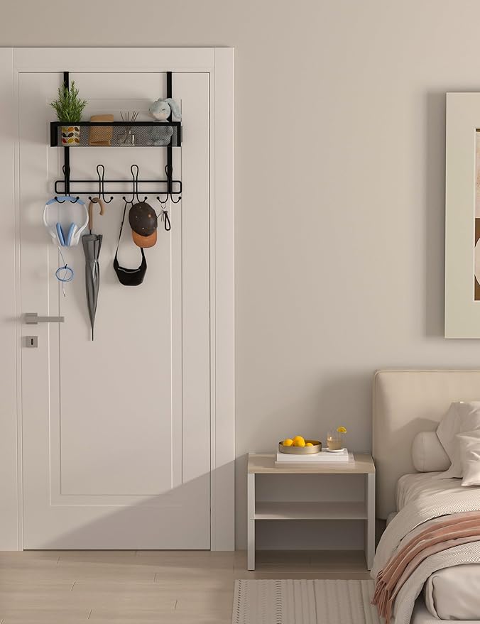 Over The Door Hooks Organizer Storage - Over The Door Hanger for Coat Rack, Storage with 12 Hook & 2 Mesh Baskets, for Bathro