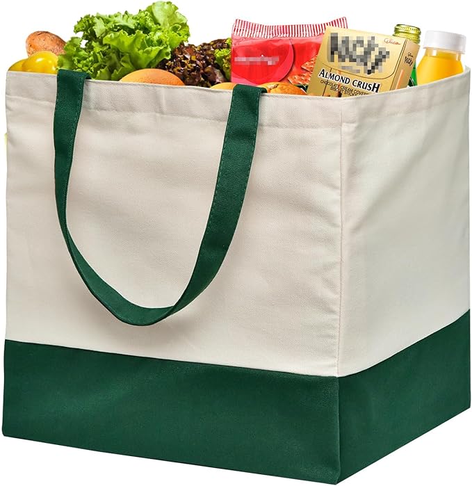 Reusable Grocery Bags Heavy Duty, 8.3 gal Foldable Large Canvas Tote Bag with Handles, Holds 60 lbs Canvas Shopping Bags, 1 Pack（Retro Green）