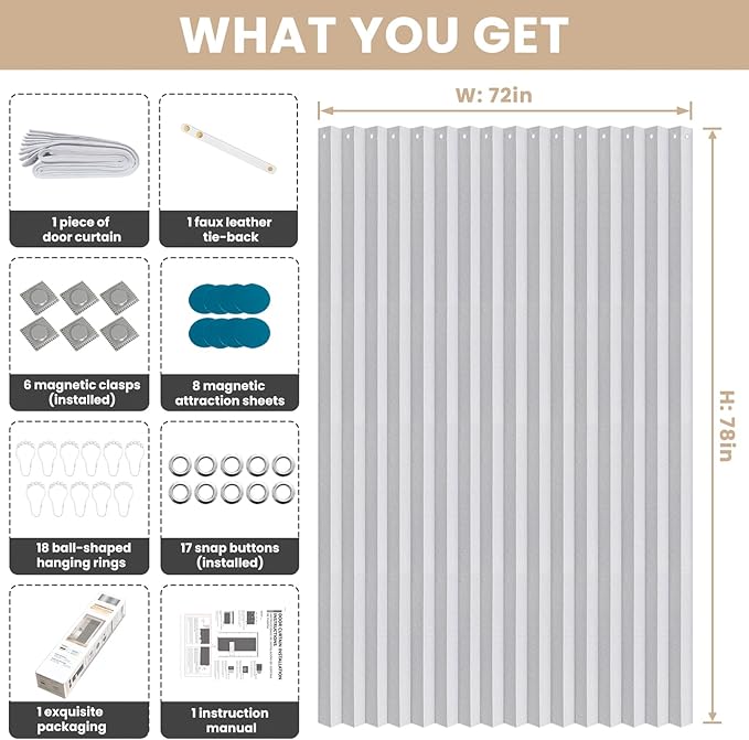 Jilron Accordian Door Curtain, 100% Blackout Folding Magnetic Doorway Curtains,Linen Style Closet Doors,for Room Divider,Priv