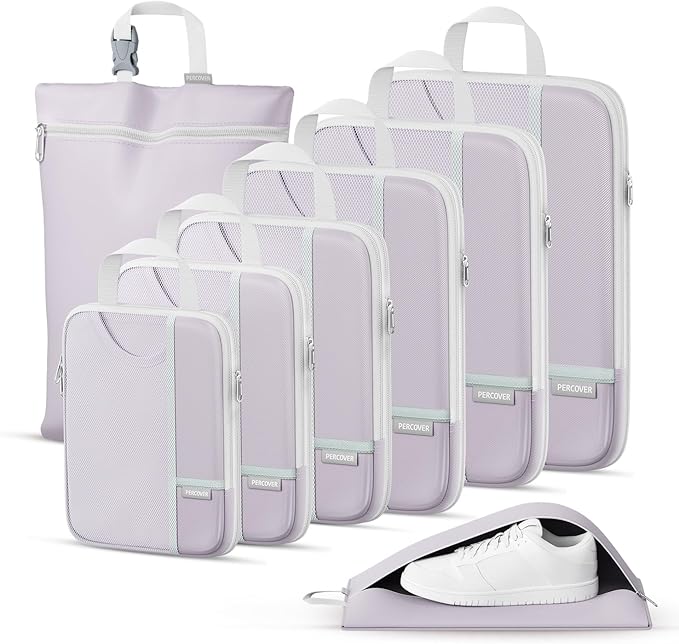 Percover Compression Packing Cubes 8-Piece Set, Packing Cubes Compression for Travel with Laundry Bag & Shoe Bag, Travel Orga