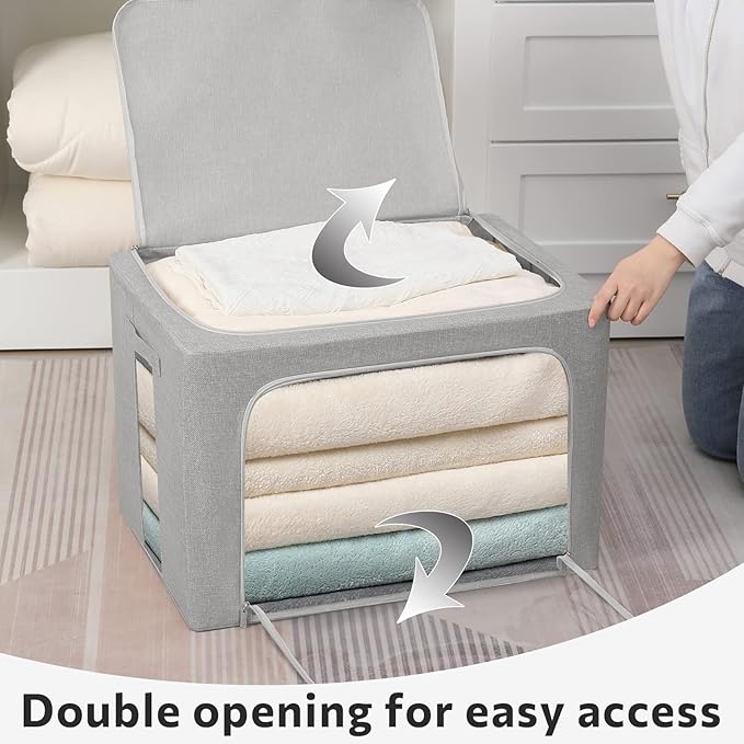 FHSQX 2 Pack Clear Window Storage Bins - Large Stackable Linen Fabric Storage for Clothes Foldable Container Organizer Set wi