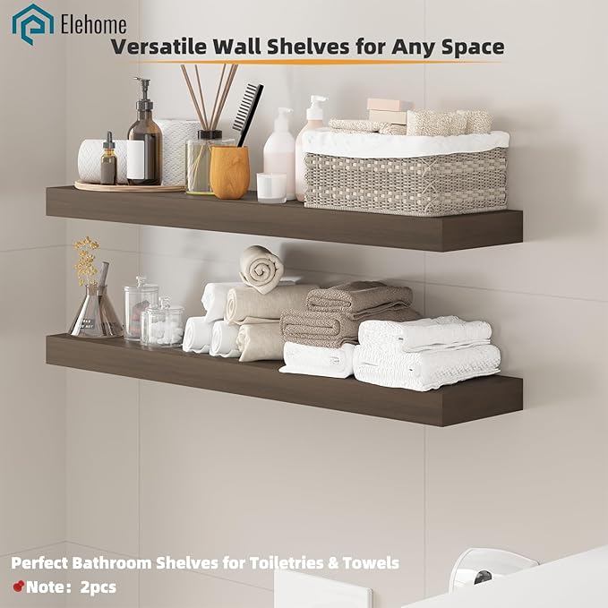 Floating Shelves Board for Wall with Brackets – 36" L x 8" W x 2" T Rich Walnut Melamine Wood Floating Shelves for Bathroom, 