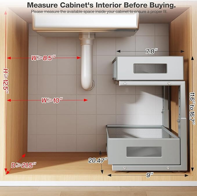 2 Packs 21IN Depth Under Sink Organizer, 2-Tier Pull Out Cabinet Organizer With Smooth Circular Rail, Large Capacity Metal Me