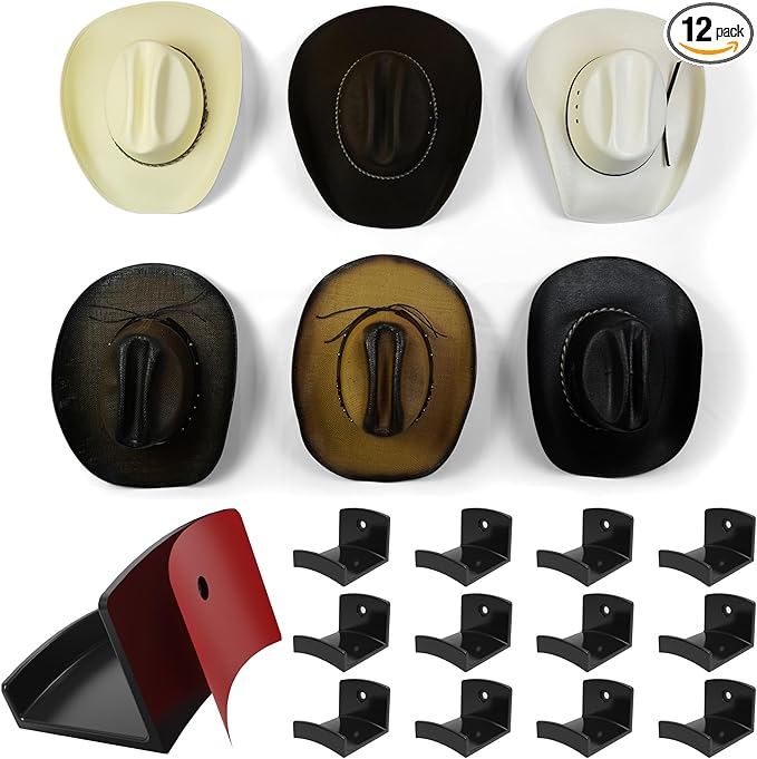 Modern JP Adhesive Hat Hooks for Wall (12-Pack) - Cowboy Hat Rack, Wide Brim Hat Organizer, Strong Hold Hat Hangers for Wall 