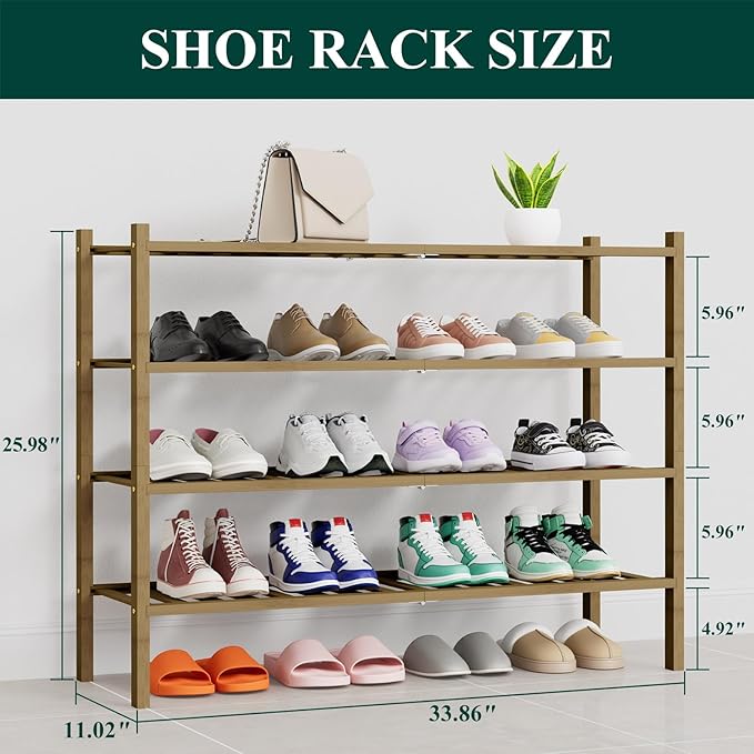 Smiry Shoe Rack, 4 Tier Thick Long Bamboo Shoe Organizer, Stackable Free Standing Wooden Shoe Storage Shelf for Closet, Entry