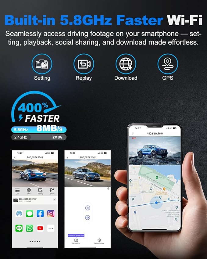 JOMISE 4K Dash Cam Front and Rear with 5Ghz WiFi GPS, Dual Dashcam with 64GB Card, 3" Screen, Night Vision, 24H Parking Mode 