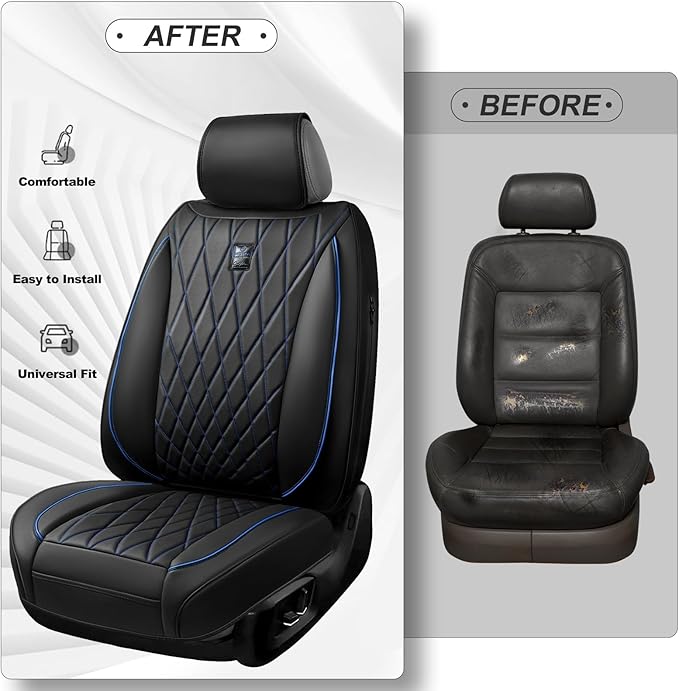 CAR PASS Luxury PU Leather Two Front Car Seat Covers, Waterproof Seat Covers Compatible with Front Seat Armrests, Airbag Comp
