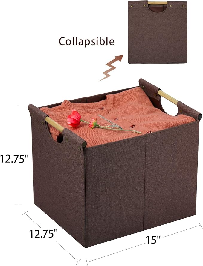 HOONEX Large Collapsible Storage Bins, Linen Fabric, 2 Pack, Storage Baskets with Wooden Carry Handles and Sturdy Heavy Cardb