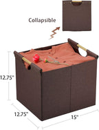 HOONEX Large Collapsible Storage Bins, Linen Fabric, 2 Pack, Storage Baskets with Wooden Carry Handles and Sturdy Heavy Cardb