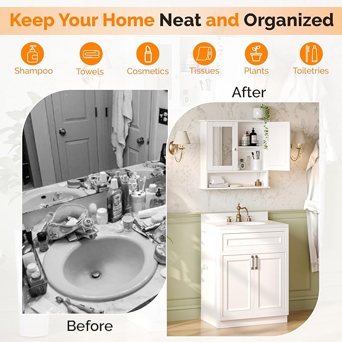 VINGLI Medicine Cabinet with Mirror, Wall Mounted Bathroom Cabinet with Open Shelf, 2-Door White Storage Organizer Over Toile