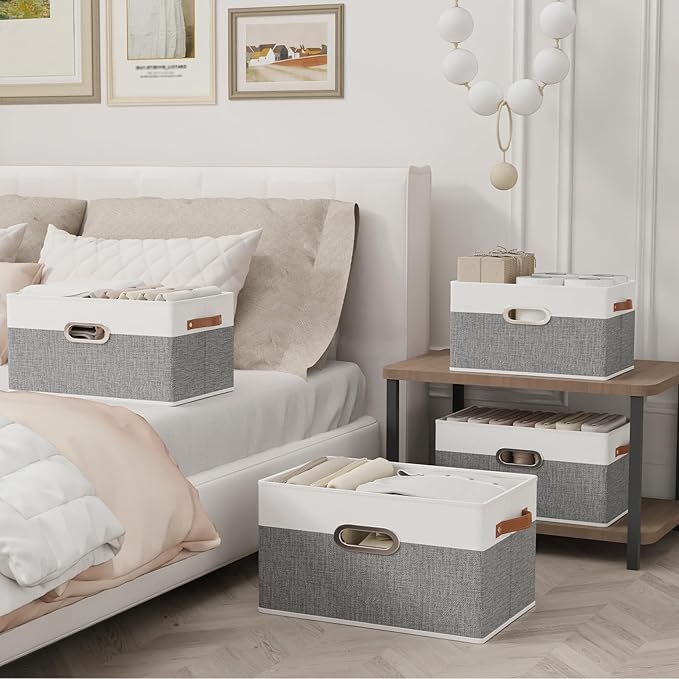 Yawinhe Foldable Storage Baskets for Shelves, Fabric Closet Organizers, Bins with 3 Handles, Cubes for Clothes, White/Grey, 1