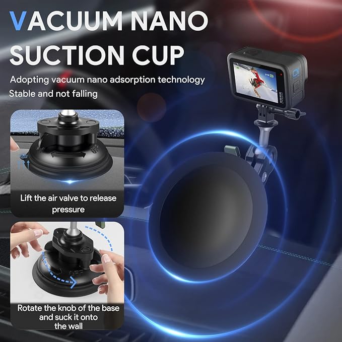 REYGEAK Aluminum Alloy Car Suction Cup Camera Mount,with Phone Holder with 1/4 Thread,Windshield Vehicle Attach for GoPro Hero13/12/11/10/9 Black DJI Pocket 3/Action 5/4,Insta360 X4/X3 Accessories