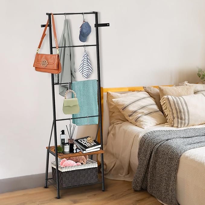 Blanket Ladder with Shelf - Blanket Rack Freestanding, Standing Towel Rack for Bathroom Living Room Bedroom, Blanket Holder w
