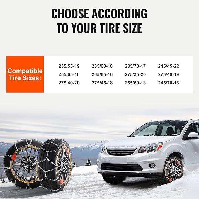 VEVOR Tire Chains, Snow Chains for Cars SUV Pickup Trucks, 2 Pack Adjustable Snow Tire Chains Compatible with Tire Width 235 