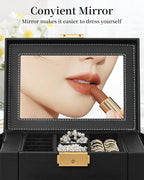 TORIBIO Jewelry Box for Women, Leather Jewelry Organizer with Mirror & Lock, 4-Tier Jewelry Storage Organizer with 3 Drawers 