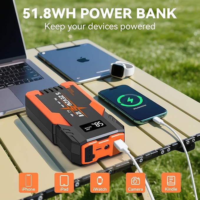 S ZEVZO ET05 Jump Starter 3000A Portable Car Jump Starter Battery Pack (7.2L Gas/ 5.5L Diesel), 51.8Wh 12V Jump Box with USB