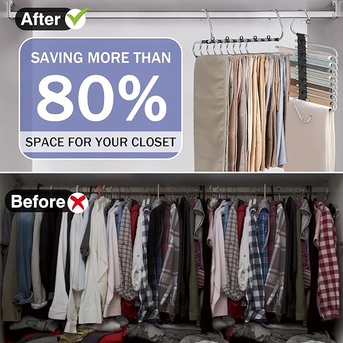 Upgrade 9 Layers Pant Hangers Space Saving, Non Slip Stainless Steel Multifunctional Pants Rack S-Type Clothes Pant Closet Ha
