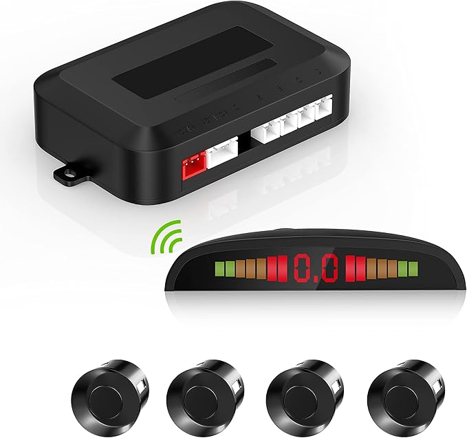 EKYLIN Cordless Parking Sensor, Reverse Sensor System with 4 Car Backup Sensors, LED Distance Display with Sound Warning + 4 Black Parking Sensors for Cars, Vans, RVs, and Trailers
