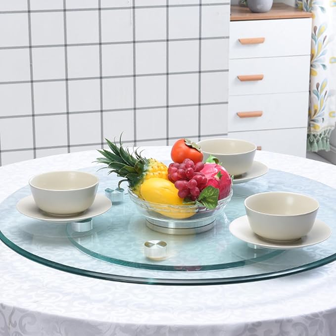 23" Large Glass Lazy Susan for Dining Table Kitchen Round Clear Turntable Serving Tray with 6 Rotating Wheels, Spin Table Cen