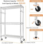 M MZG Heavy Duty Rolling Garment Rack 3 Tiers Adjustable Wire Shelving Clothes Rack with 2 Rods and Side Hooks, Storage Close