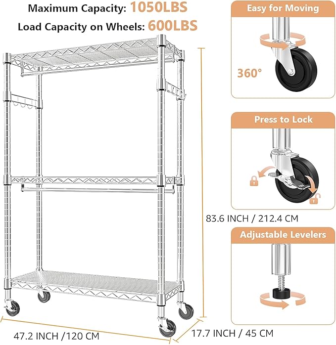 M MZG Heavy Duty Rolling Garment Rack 3 Tiers Adjustable Wire Shelving Clothes Rack with 2 Rods and Side Hooks, Storage Close